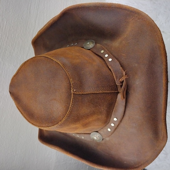 Minnetonka Unisex Silverton Dude Brown Ruff Genuine Leather Studded Western Hat - Picture 7 of 14